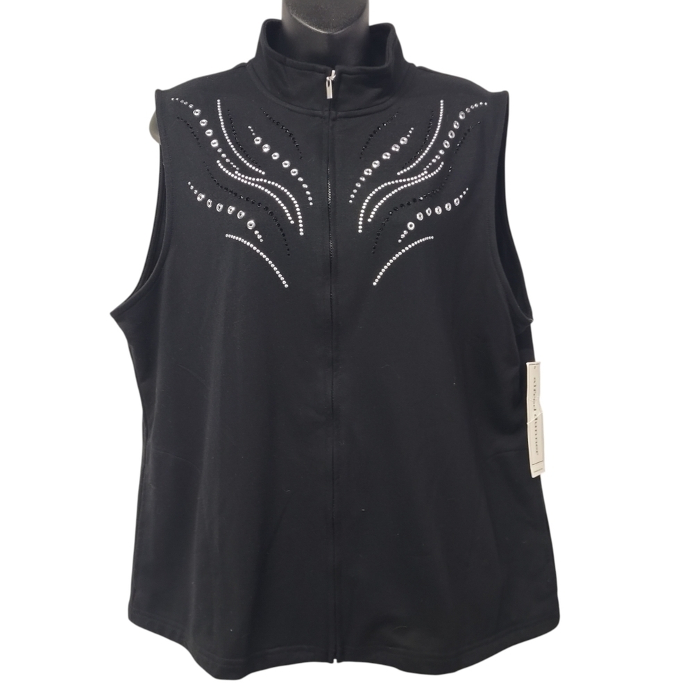 ALFRED DUNNER Women’s Black Vest Rhinestones Studded Zip Up Size 16 NWT